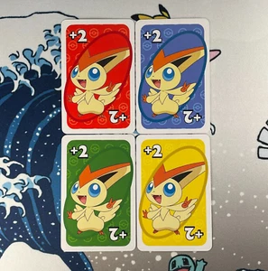 Victini +2 Red, Blue, Green, Yellow Lot Set Japanese Uno Deck Pokemon Cards NM - Picture 1 of 2