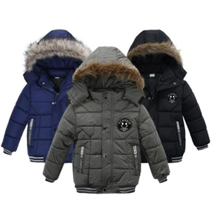 Boys Jacket and Winter Fur Collar Hooded Kids Jacket Casual Zipper Boy Outerwear - Picture 1 of 14