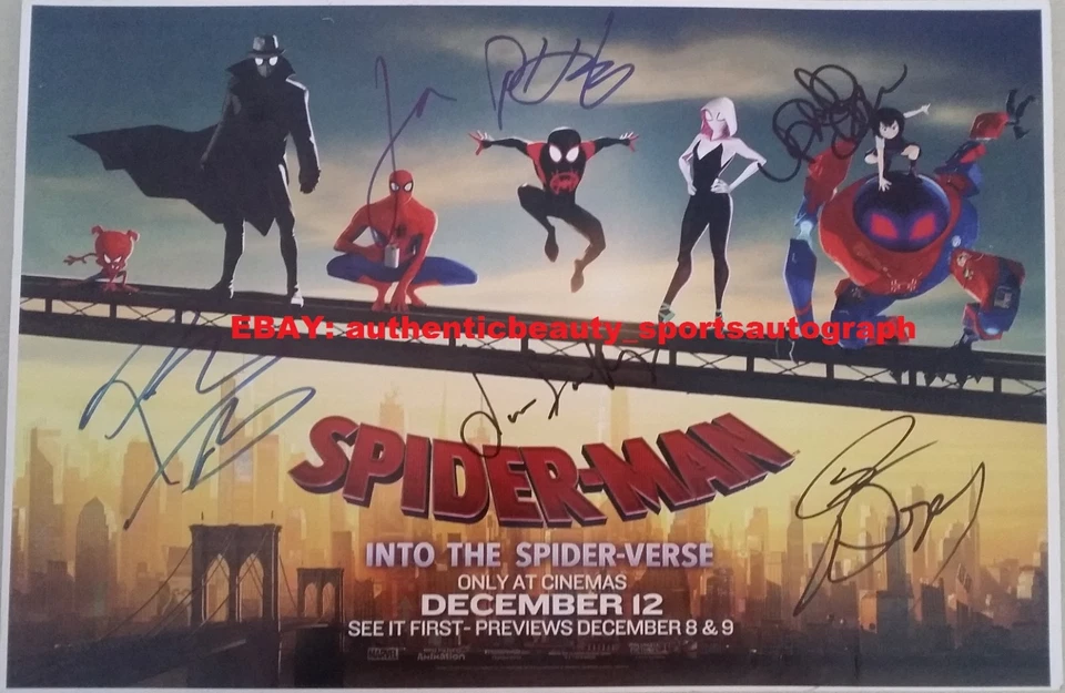 SPIDERMAN INTO THE SPIDERVERSE SIGNED SHAMEIK MOORE+LORD+JOHNSON+MALONE 12x18 RP - Image 1 of 1