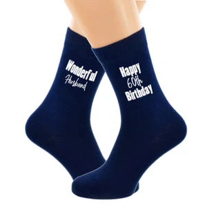 Happy 60th Birthday Wonderful Husband Printed on Navy Blue Mens Socks - Picture 1 of 1