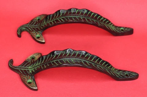 Green Leaf Shape Antique Vintage Style Handmade Brass Door Handle Home Decor Cover