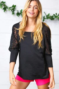 Black Lace Three Quarter Bubble Sleeve Top - Picture 1 of 12
