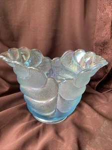 LE Smith Iridescent Blu Textured Art Gl. Vase Fluted Leaf Scalloped Rim 5.75” - Picture 1 of 8