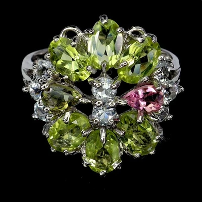 925 Sterling Silver Ring Oval Peridot Aquamarine Tourmaline Gemstone Size 7 - Image 1 of 4