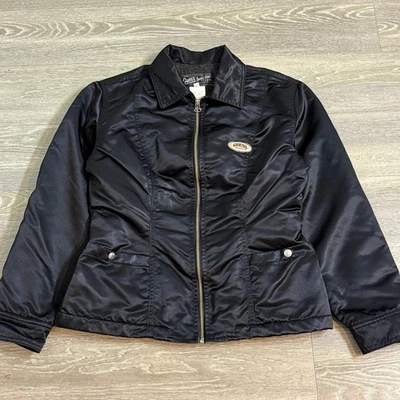 Chaqueta de bombardero de moto satinada Guess Jeans vintage años 90 negra con cremallera forrada de vellón para mujer M Foto 1 de 4