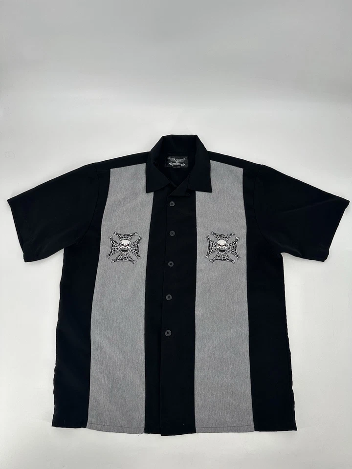 Camisa negra cromada águila para motocicleta manga corta abotonada para hombre talla M calavera Foto 1 de 4