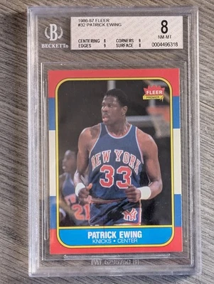 Fleer #32 1986-87 ~ Patrick Ewing radiocontrol novato ~ BGS 8 ~ dos 9 submarinos ~ Knicks Foto 1 de 2