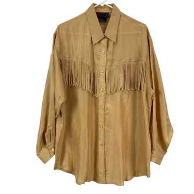 MODA Silk Western Fringe Button Up Shirt Blouse Top Women's Size L Gold - Image 1 of 4