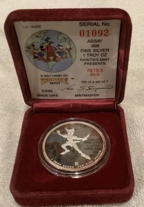 1988 PETER PAN Disney Rarities Mint 1oz 999 FINE Silver round - Picture 1 of 4