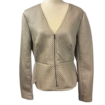 BCBG Maxazria Pearson Diamond Soft Faux Leather Zip Quilted Jacket Peplum Gold  - Image 1 of 4