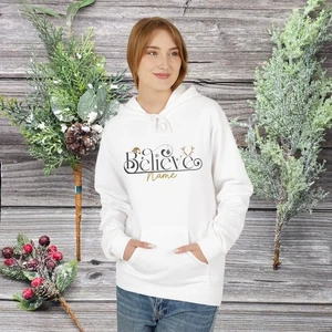 Believe Christmas Hoodie with personalised name underneath Cute Christmas Hoodie - Picture 1 of 17