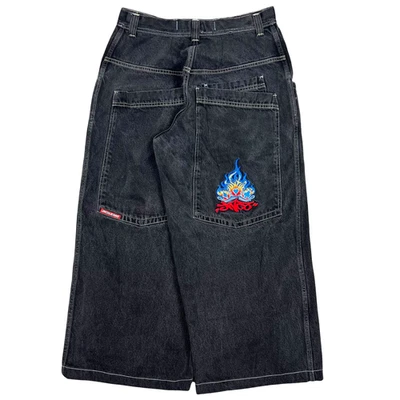 JNCO Jeans Mens Size 32x27 Black Flaming Ace Wide Leg Skater Grunge Y2K VTG RARE - Image 1 of 4