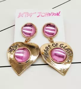 Betsey Johnson **LARGE**"Heart of Glass " Pink & Gold Heart Drop Earrings Gift - Picture 1 of 5