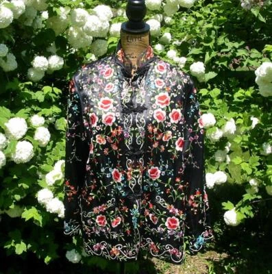 Vintage Chinese Embroidered Swirled Flowers Black  Short Jacket Robe S-M - Image 1 of 4