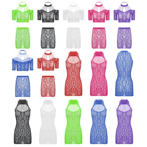 Women Dress Cutout Nightwear Trim Skirt Cold Outfits Fishnet Clubwear Party - Picture 1 of 154