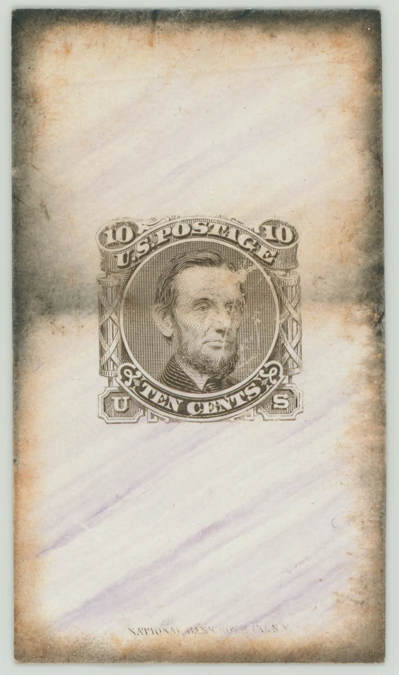 116-E1j 10¢ Lincoln Die Essay on Purple-Veined Marbled Card, 1869, UNIQUE - Image 1 of 1