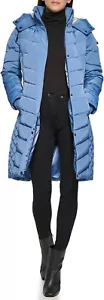 NWT $275 SZ L Kenneth Cole BLUE Quilted Puffer Jacket Sherpa Trimmed Hood - Picture 1 of 6