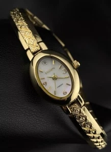 Ladies Elgin Diamond Oval MOP Dial Gold Tone Thin Bangle Dainty Watch Minimalist - Picture 1 of 17