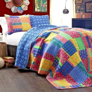 Quilt Set King Patchwork Cotton Multi Color Reversible 3 Piece Bedding Cover - Picture 1 of 5