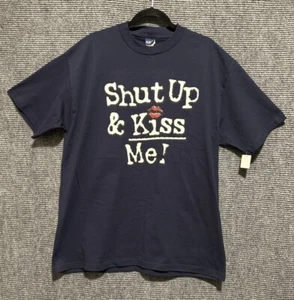 Vintage 90s T-Shirt XL Blue Shut Up and Kiss Me Funny Graphic Tee Retro NWT - Picture 1 of 10