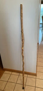 ANTIQUE HAND CARVED 5 Foot Tall WOOD WALKING STICK CANE FOLK ART Rawhide Strap  - Picture 1 of 9