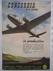 8/1947 PUB CUNLIFFE-OWEN AIRCRAFT CONCORDIA AIRLINER FEEDER ORIGINAL AD - Picture 1 of 1