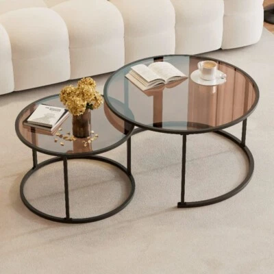Nesting Coffee Table Set of 2 Glass Top Sofa Side End Tables Metal Framed Black - Image 1 of 4