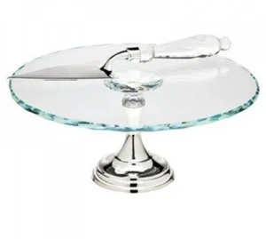 Godinger 11.5 In Footed Cake Stand Silver Plated Cut Crystal With Cake Server - Picture 1 of 7