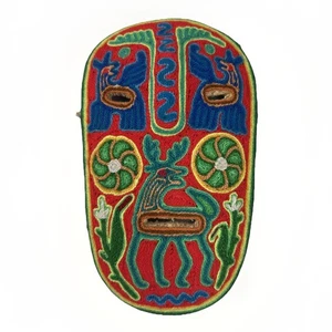 Mexican Huichol Yarn Painting Mask Julio Carrillo Deer Folk Art Hang 7.5" x 4.5" - Picture 1 of 7
