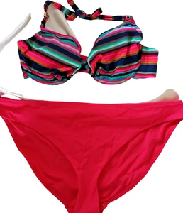 Matalan/F&F UK 40D/22 Pink Multi Removable Pads Striped Top/Plain Bottoms Bikini - Picture 1 of 4