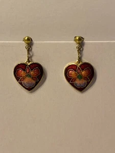 Cloisonne Style Heart Shaped Gold Tone Iris Pierced Earrings - Picture 1 of 4