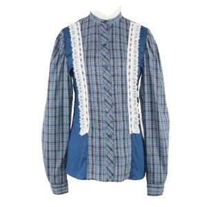 Sheplers VTG Sz 12 Blue Multi Plaid Lace Accent Poly Blend Button Front Top - Picture 1 of 8