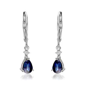 14k White Gold Natural Ceylon Blue Sapphire and Diamonds Dangle Drop Earrings - Picture 1 of 4