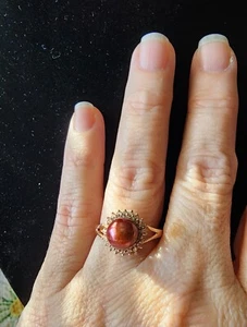 Beautiful Halo 14K Rose Gold with 6mm Brown Pearl .25ct Diamond Ring Size 8 - Picture 1 of 4