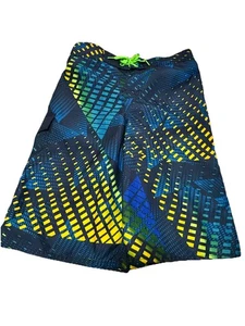 Highland Outfitters Boys Blue and Lime Green Print Drawstring Swim Trunks S 14 - Picture 1 of 6