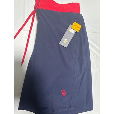 NUEVO CON ETIQUETAS US Polo Assn Hombres Pantalones Cortos de Natación Azul Marino Rojo Logo Cintura Elástica Cordón Talla M Foto 1 de 4