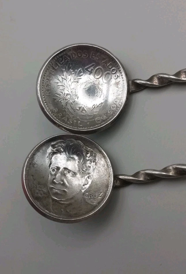 2 cucharas vintage para monedas de 400 Reis Brasil plata con cuarzo rosa y cornalina Foto 1 de 4