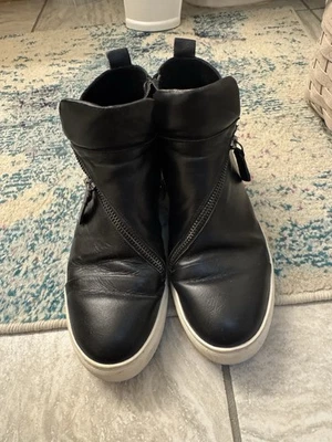 All Black Leather High Top Sneakers Booties with Diagonal Zipper – Women’s 8.5 - Image 1 of 4