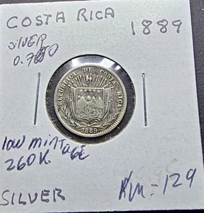 1889 COSTA RICA 10 CENTAVOS SILVER HEATON  LOW MINTAGE SCARCE COIN  - Picture 1 of 9