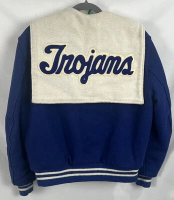 Vtg 1970s DeLong Wool Leather Varsity Football Trojans Letterman Jacket 38 - Image 1 of 4