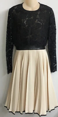 Vestido Valentino Negro Encaje Top Marfil Plisado Falda Manga L Cuero Cintura 10 Foto 1 de 4