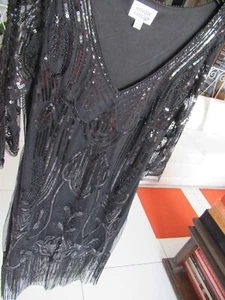 Unique Vintage 1920s Black Beaded Fringe Sleeve Nadine Flapper Dress Size L WOW - Picture 1 of 10