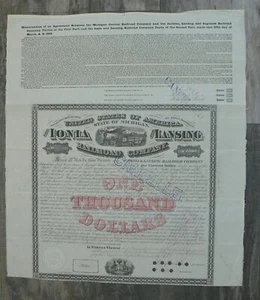 1869 Ionia & Lansing Railroad 1000 $ Stock/ Bond Certificate Top Zustand! - Bild 1 von 3