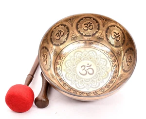 12 Inches Hindu OM - Flower Of Life Carving -Handmade Sound Healing Singing Bowl - Picture 1 of 5