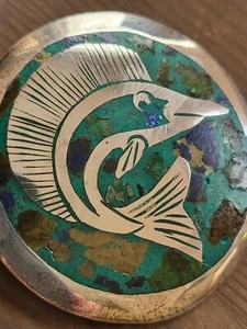 Vintage Mexico 925 Sterling Silver Crushed Stone Ocean Swordfish Brooch Pendant - Picture 1 of 7
