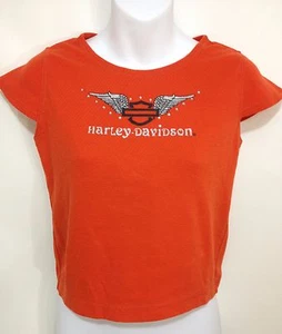 Camiseta corta Harley Davidson M 10-12 naranja manga gorra tachuelas de cristal - Imagen 1 de 4