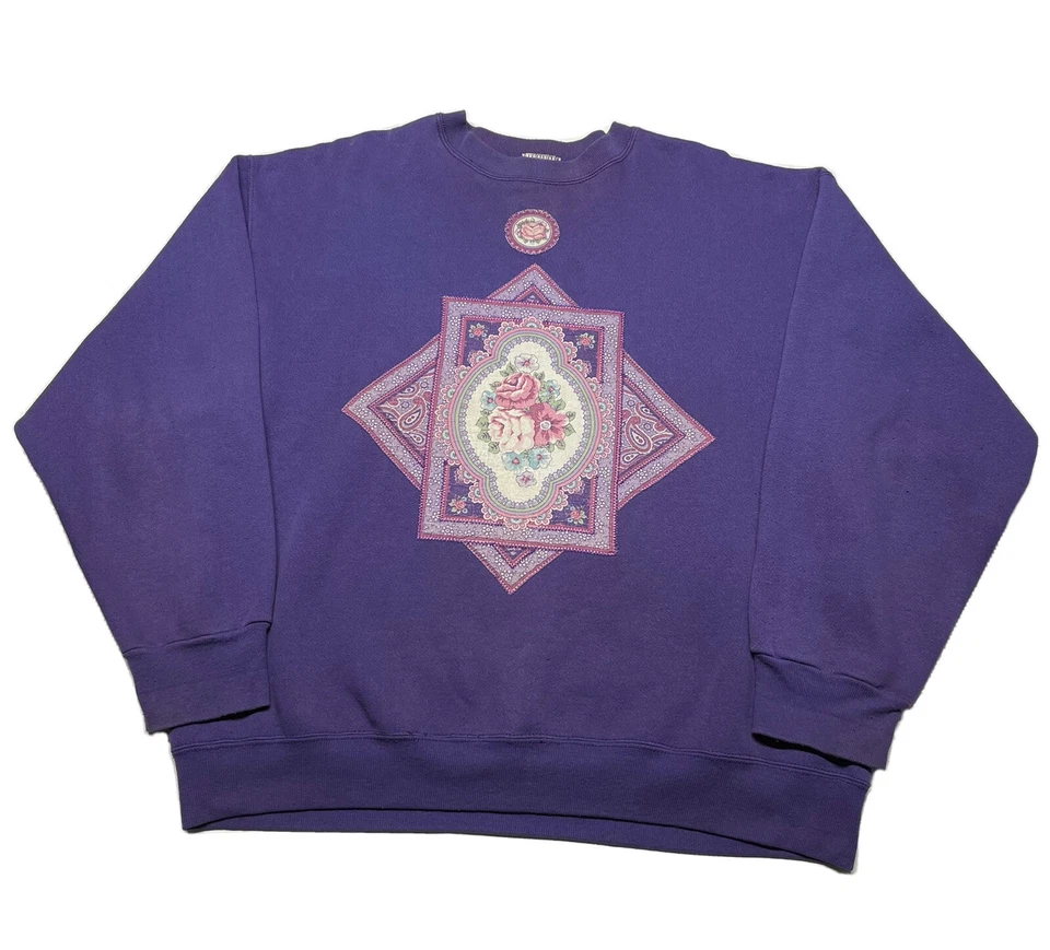 Vintage 90s Flowers Sweatshirt Mens XL Purple Pullover Floral Art USA Made 80s - Image 1 of 4