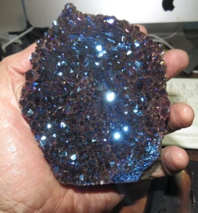 METALIZED AMETHYST CRYSTAL CLUSTER GEODE FROM BRAZIL CATHEDRAL W/ WOOD BASE  - Picture 1 of 5