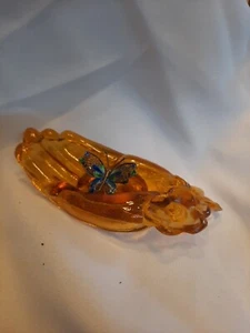 Vintage Degenhart Glas 70er Bernstein offene Hand Pin Schale oder Aschenbecher - Bild 1 von 6