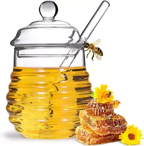 Honey Jar with Dipper and Lid,Glass Honey Pot Container Dispenser,Clear Glass Ho - Picture 1 of 12